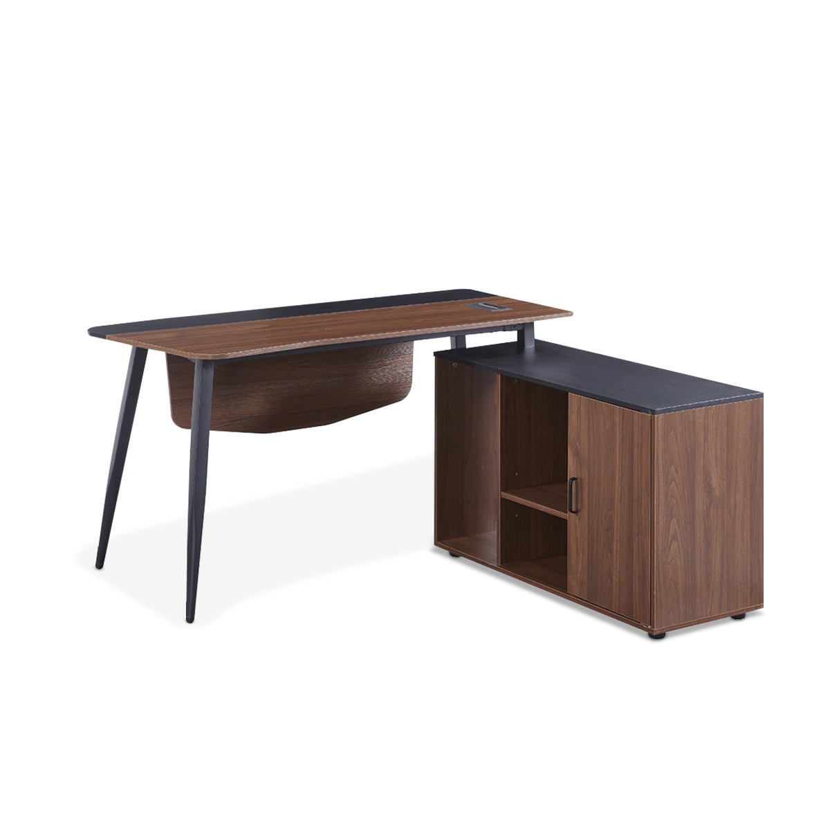 ESCRITORIO EN L NOGAL Y NEGRO CON DETALLES EN MESH METAL Y CREDENZA CON PUERTA Y ENTREPANOS