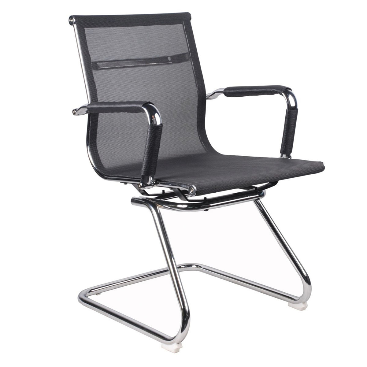 SILLA MESH COLOR NEGRO CON APOYA BRAZOS, BASE DE TRINEO CROMADA DE METAL RESISTENTE, TELA MESH ESPECIAL