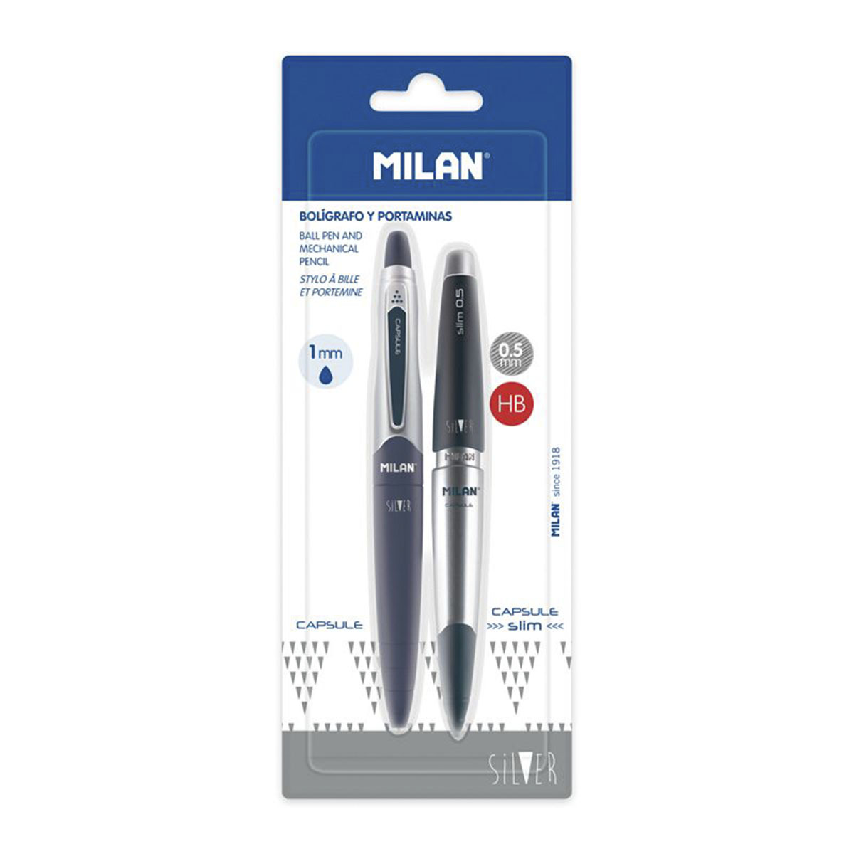 SET MILAN BOLIGRAFO+PORTAMINA CAPSULE SILVER AZUL