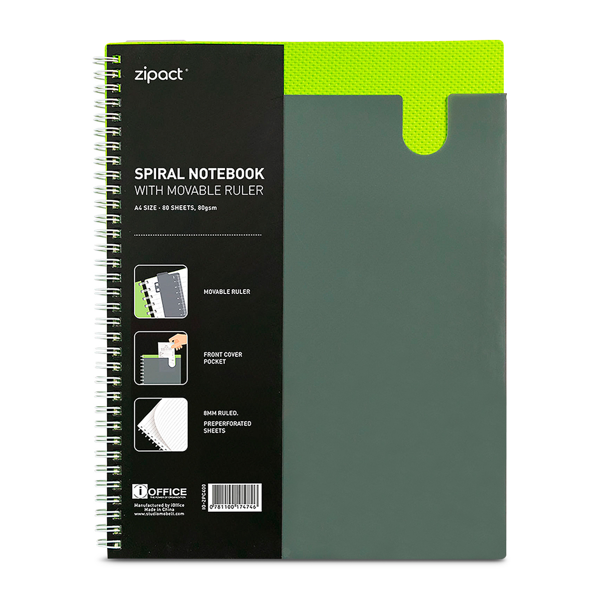 CUADERNO ESPIRAL LINEA IOFFICE ZIPACT 80H VERDE A4