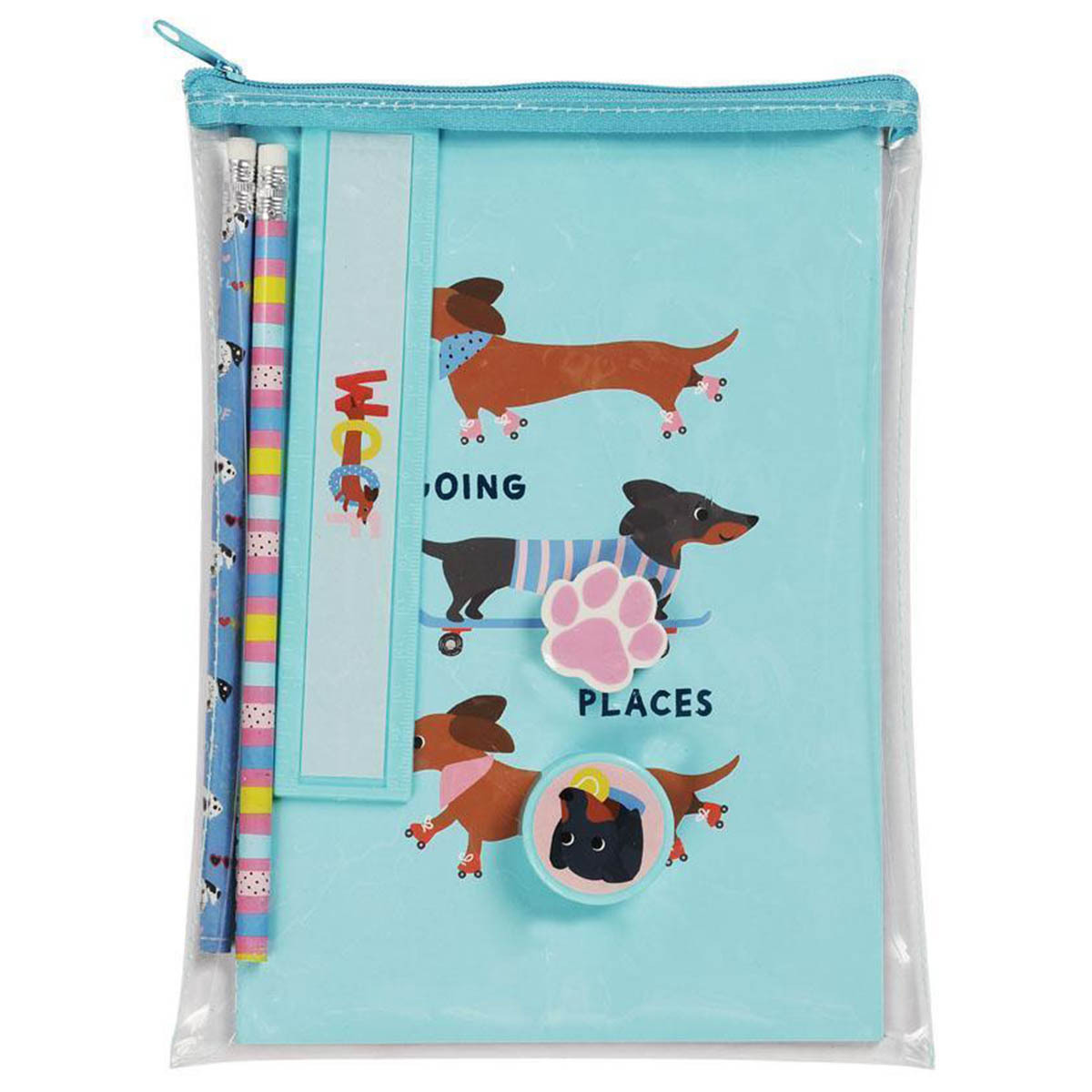 SET DE ESCRITURA PERRITOS (INCLUYE: 1 CUADERNO, 2 LAPICES, 1 REGLA, 1 BORRADOR, 1 SACAPUNTAS)