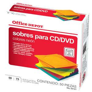 SOBRES PARA CD/DVD EN COLORES 50 PK OFFICE DEPOT
