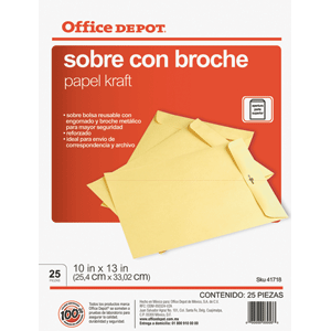 SOBRE OFFICE DEPOT CON BROCHE METALICO OFICIO 25U .