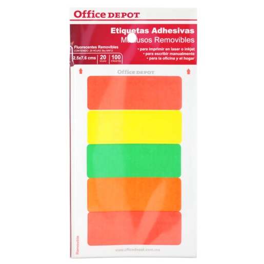 ETIQUETAS RECTANGULARES FLUO 2.5 X 7.6 CM 20 HOJAS 100 ETIQUETAS
