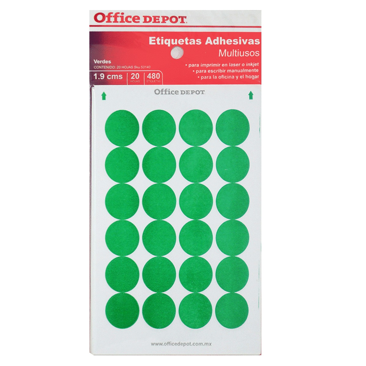 ETIQUETAS REDONDAS VERDES 1.9 CM 20 HOJAS 480 ETIQUETAS