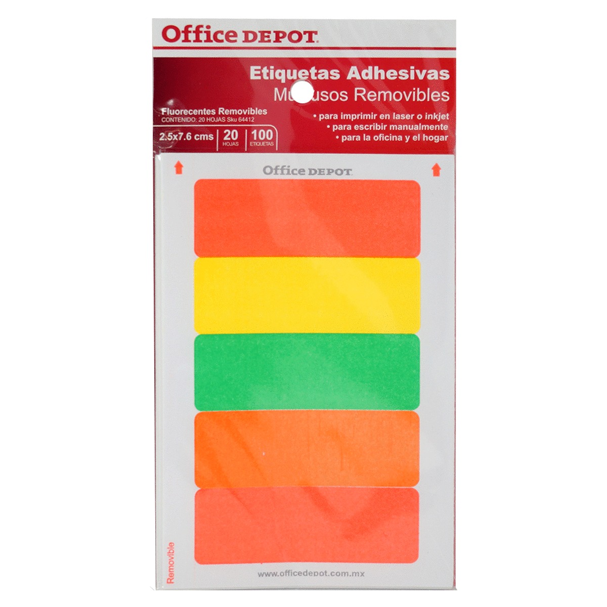 ETIQUETAS RECTANGULARES FLUORECENTES REMOVIBLES 2.5 X 7.6 CM 20 HOJAS 100 ETIQUETAS