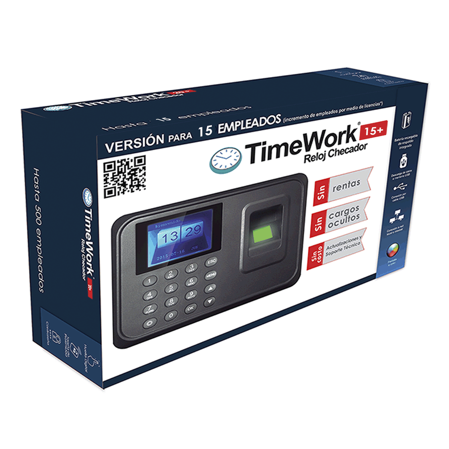 RELOJ CHECADOR + TIME WORK 15 EMPLEADOS