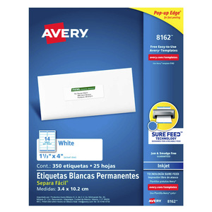 ETIQUETA BLANCA PERMANENTE INKJET 3.4 CM X 10.2 CM PAQ 350 ETIQUETA BLANCA PERMANENTE INKJET 3.4 CM X 10.2 CM PAQ 350