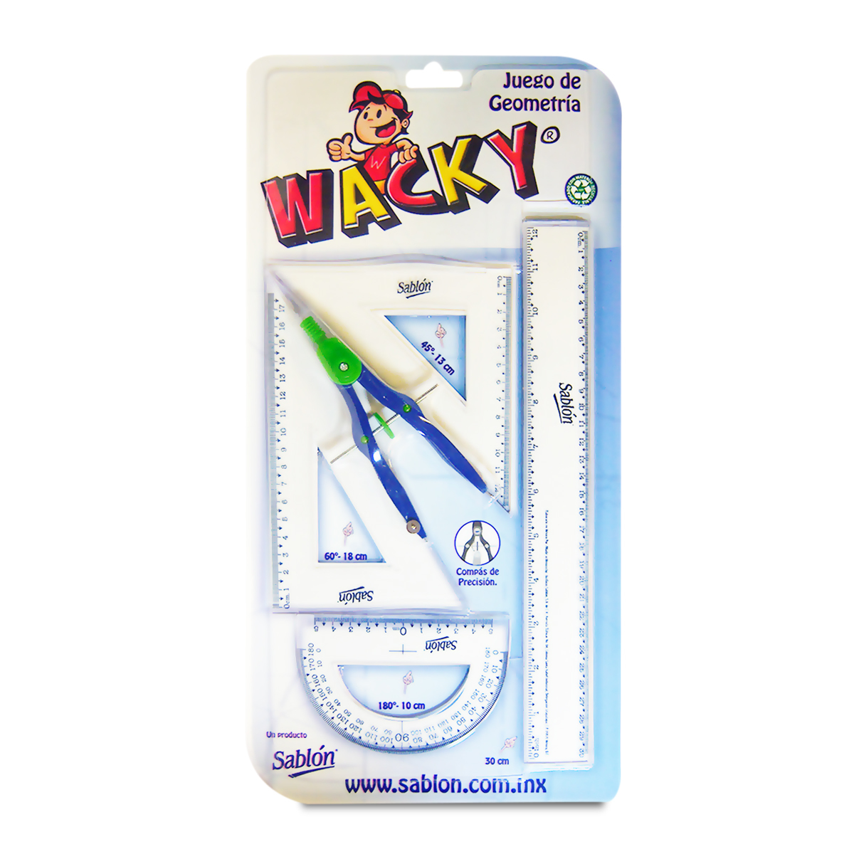 JUEGO DE GEOMETRIA SABLON CLEAR CON REGLA DE 30 CM Y COMPAS