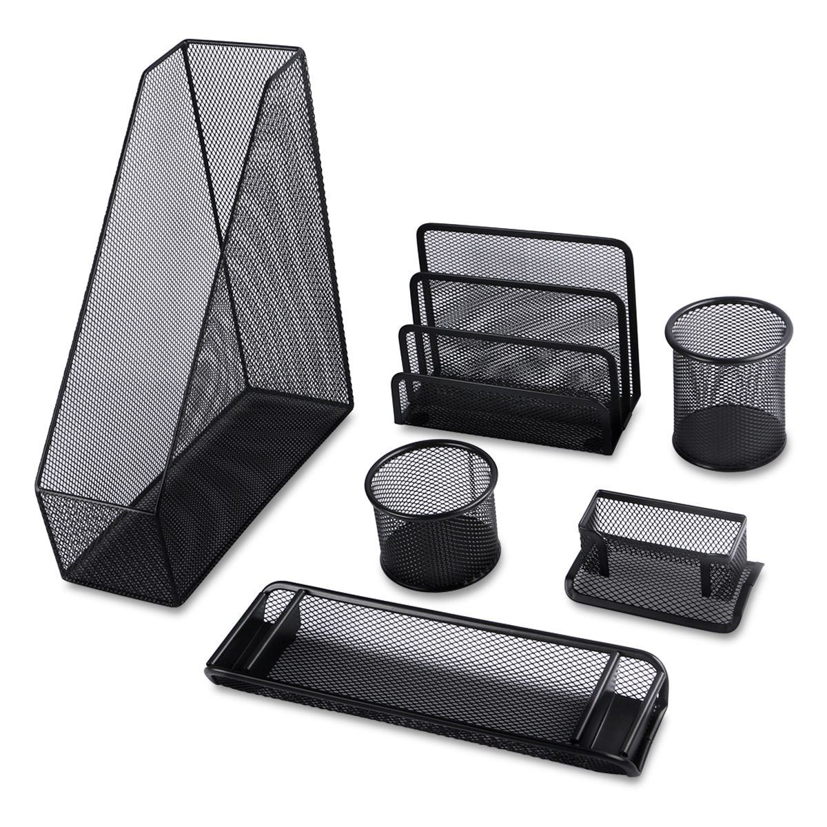 SET DE MESH NEGRO (INCLUYE REVISTERO, PORTA CLIP, PORTA TARJETAS, PORTA NOTAS, PORTA LAPICES, ORGANIZADOR)