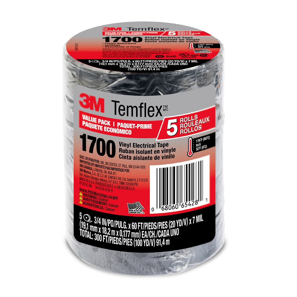 CINTA DE AISLAR TEMFELX NEGRO 3/4 X 60 PIES 5U