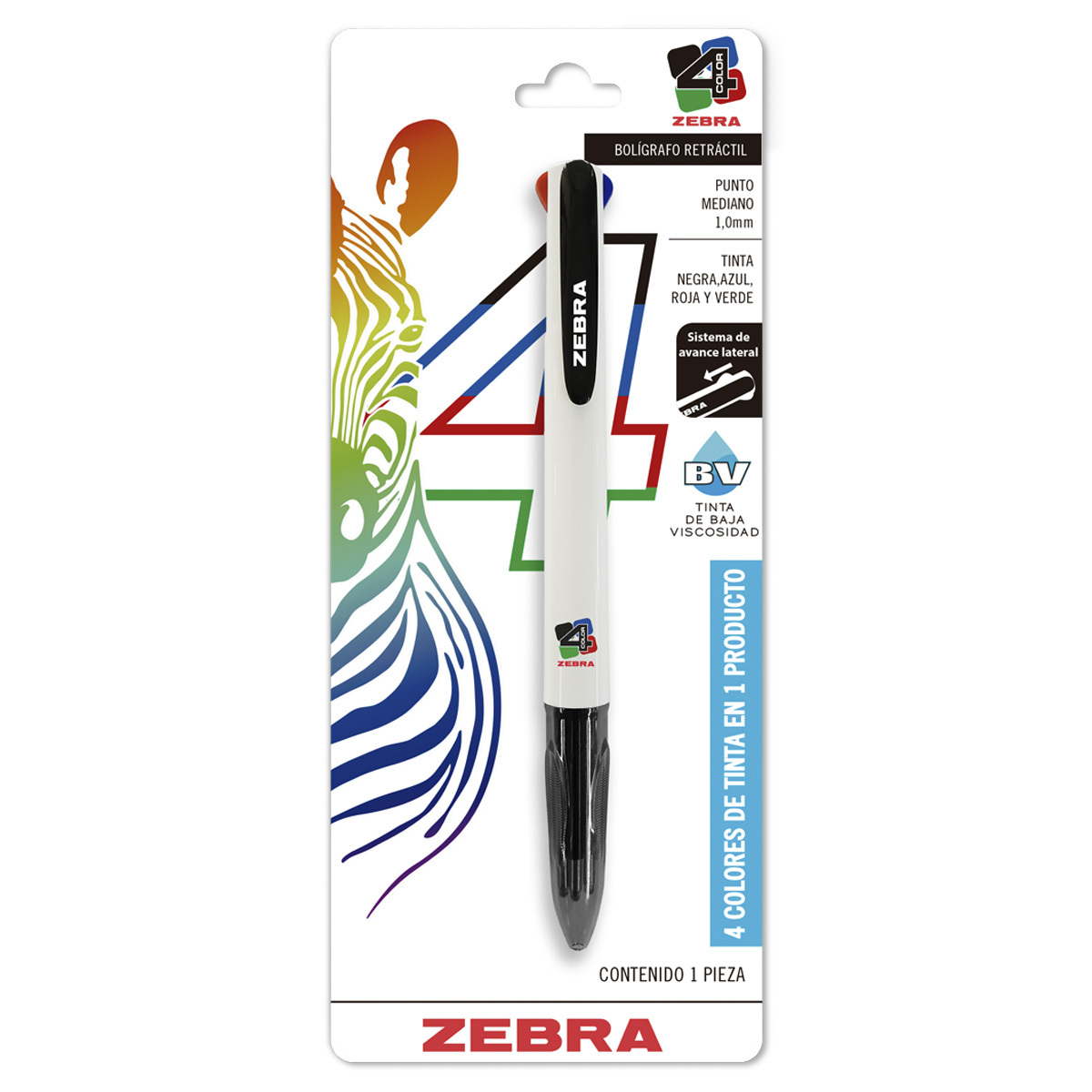 BOLIGRAFO RETRACTIL ZEBRA 4 EN 1 1U(NEGRO,AZUL,ROJO Y VERDE)