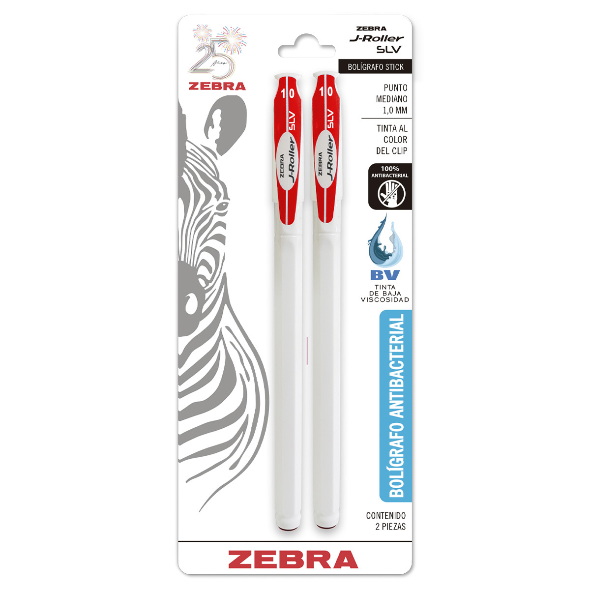 BOLIGRAFO ZEBRA J-ROLLER ROJO 2U(1.0MM,RESINA ANTIMICROBIAL)