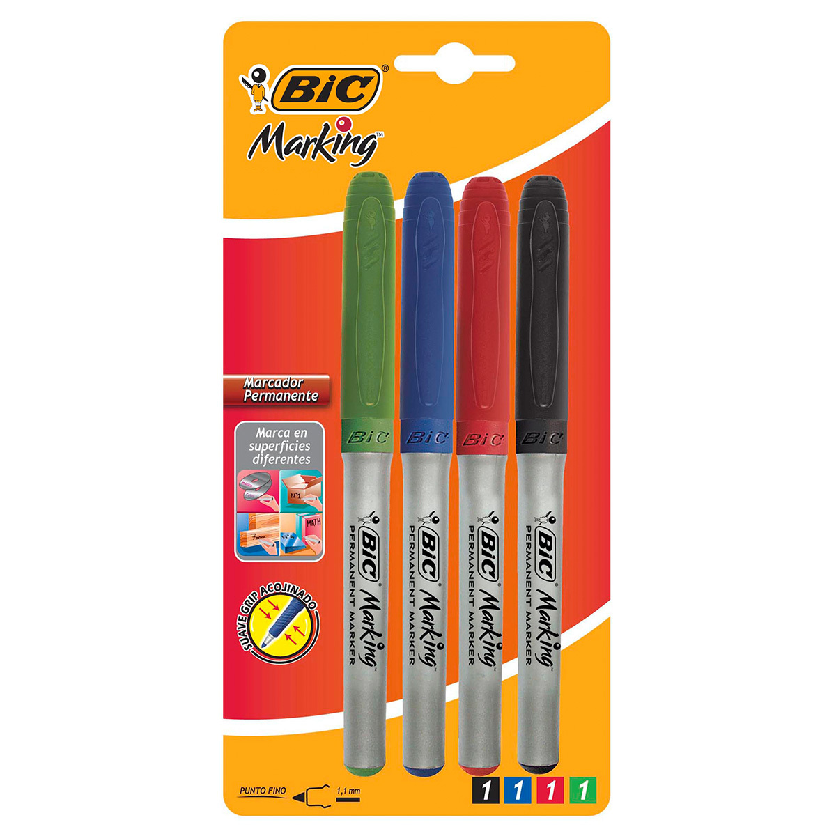 MARCADOR PERMANENTE BIC GRIP 1.1MM 4U COLOR SURTIDO | Office Depot ...