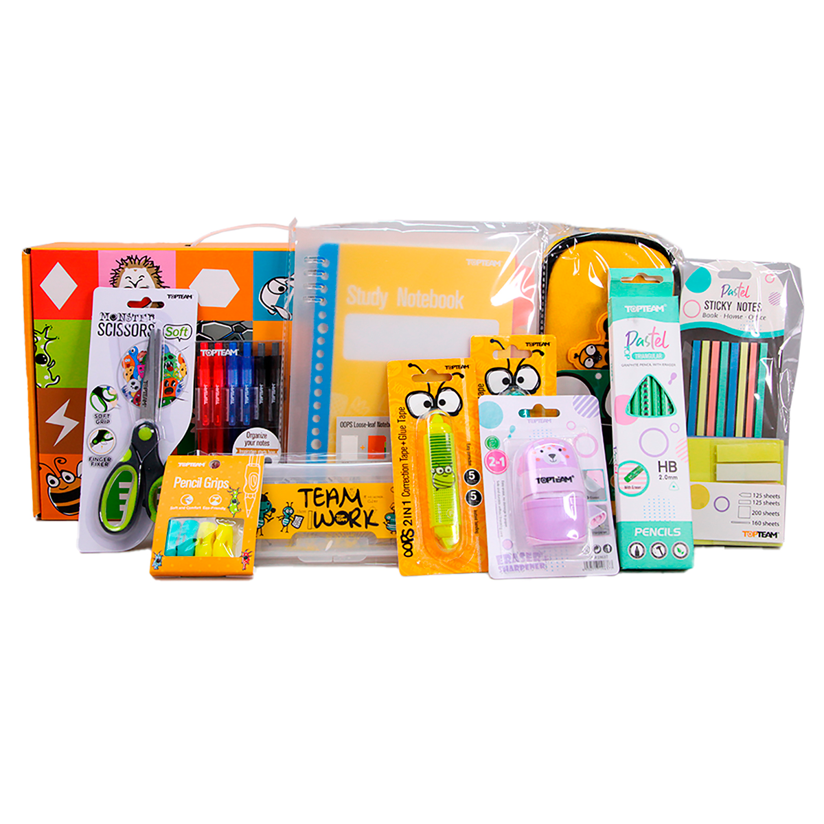 KIT ESCOLAR 2 TOP TEAM (SACAPUNTAS 2O, 2 CORRECTORES, 1 TIJERAS, 1 SET NOTAS ADHESIVAS, 6 LAPICEROS, LAPICES GRAFITO HP 12U, 1 ESTUCHE PARA LAPICES, 1 CUADERNO A5, 1 SET REGLAS, 1 AGARROR LAPICES)