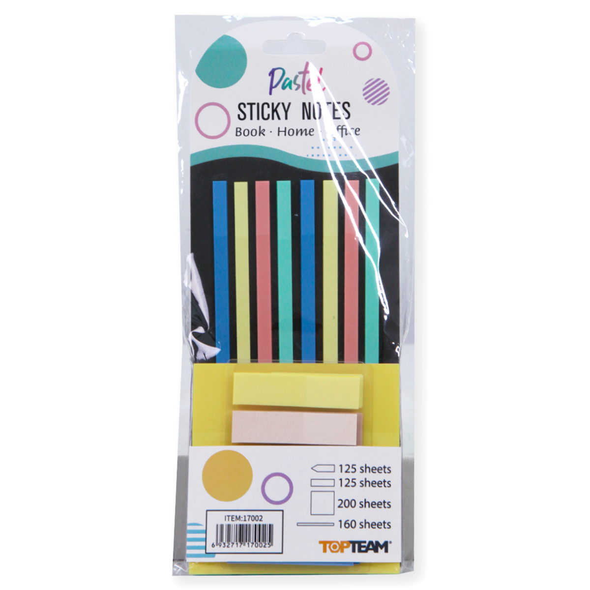 SET NOTAS ADHESIVAS TOP TEAM PASTEL (INCLUYE: 6 NOTA TRANSPARENTE 3X3 PULG 50H, 250 BANERITAS 5 COLORES 25 C/U, 160 TIRAS ADHESIVAS 4 COLORES 40 CADA COLOR)