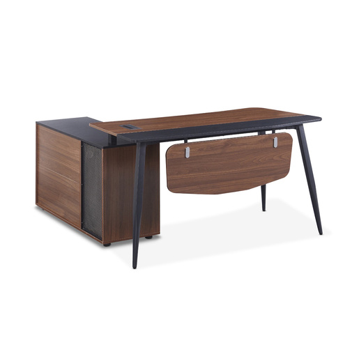 ESCRITORIO EN L NOGAL Y NEGRO CON DETALLES EN MESH METAL Y CREDENZA CON PUERTA Y ENTREPANOS