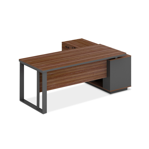 ESCRITORIO EN L NOGAL Y GRIS CON ENTREPANOS, GAVETA Y PUERTA