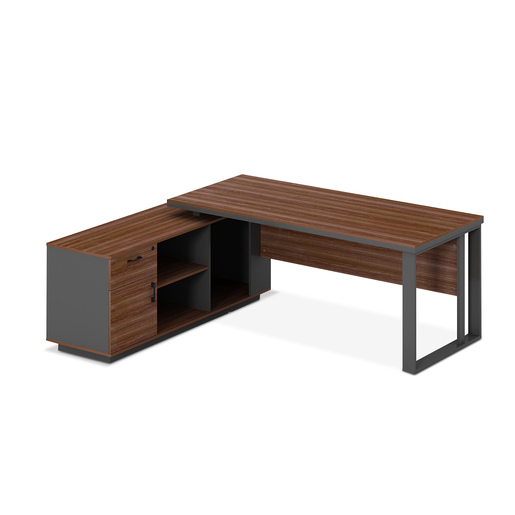 ESCRITORIO EN L NOGAL Y GRIS CON ENTREPANOS, GAVETA Y PUERTA