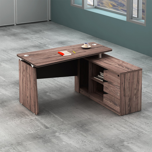 ESCRITORIO EN L CAFE Y GRIS CON ENTREPANOS Y 3 GAVETAS