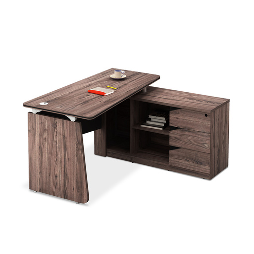 ESCRITORIO EN L CAFE Y GRIS CON ENTREPANOS Y 3 GAVETAS