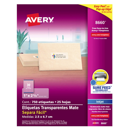 ETIQUETA TRANSPARENTE PERMANENTE INKJET 2.5 CM X 6.7 CM PAQ 300