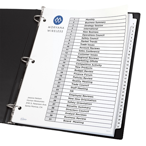 SEPARADOR PREDISEÑADO CON PESTAÑAS BLANCAS 1-31